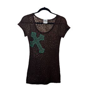 The PJ Shop Brown Animal Print Leopard Cheetah Teal Cross Sheer Top Women Size M